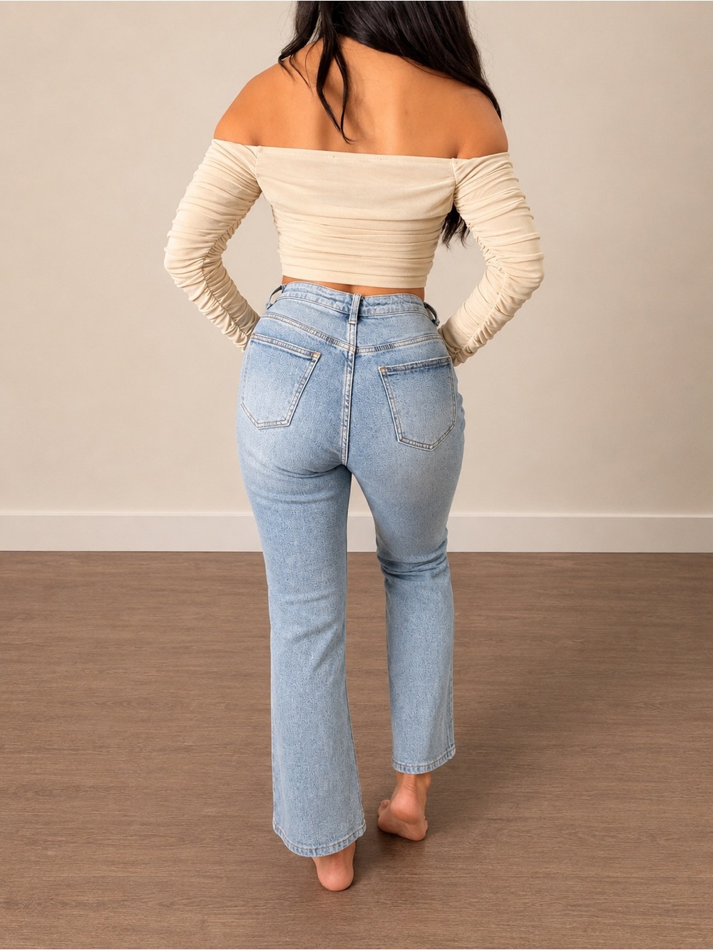 Off-the-Shoulder Flare Cuff Crop Top in Cream - Picture 3 of 3